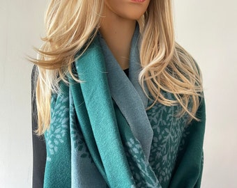 Green Teal Mulberry Tree LUXURY Cashmere Scarf, Reversible Winter Shawl Large Oversized Scarf Blanket Wrap, Tree of Life Print, Gift For Her
