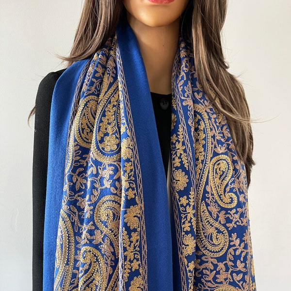 Royal Blau Paisley Blumen Schal, Baumwolle Kaschmir Schal Frauen Schal wickeln, Abend Pashmina Schal wickeln, indische übergroße Decke