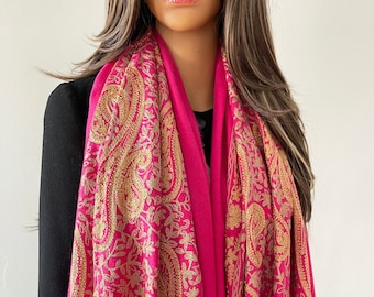 Hot Pink Gold Paisley Floral Scarf, Cotton Cashmere Scarf Women Shawl Wrap Evening Pashmina Shawl Wedding Scarf Wrap Indian Oversize Blanket