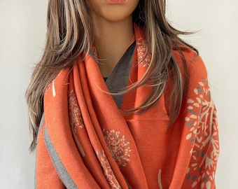 Blanket Scarf Orange Grey LUXURY Cashmere Scarf, Mulberry Tree of Life Print Reversible Winter Shawl Large Oversize Wrap Women Gifts For Her