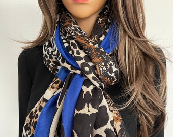 Womens Leopard Print Scarf, Royal Blue Snakeskin Colour Block Multi Colour Scarf Shawl Wrap, Long Large Ladies Scarf Gift for Her, Vintage