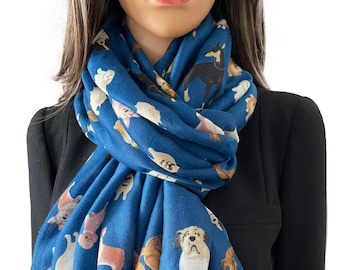 Dog Gift/Blue Dog Print Scarf Cotton Scarf/Womens 40th 50th 60th Birthday Present/Lightweight Wrap Spring Summer Autumn/Christmas Gifts Mum