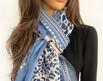 Womens Baby Blue Light Blue Leopard Print Sjaal, Color Block Multi Color Sjaal Wrap, Lange Grote Dames Sjaal, Cadeau voor haar, Vintage
