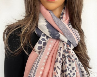 Womens Pink Blush Baby Light Leopard Print Scarf, Colour Block Multi Colour Scarf Shawl Wrap, Long Large Ladies Scarf Gift for Her, Vintage