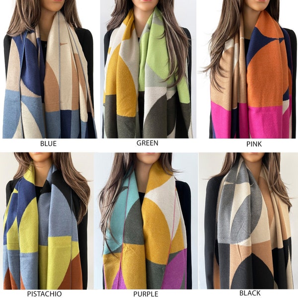 Rainbow Colour Block Oversized Blanket Scarf Shawl Wrap, Women Winter Scarf, Ladies Gift, Cashmere Reversible Long Large Bright Multi Colour