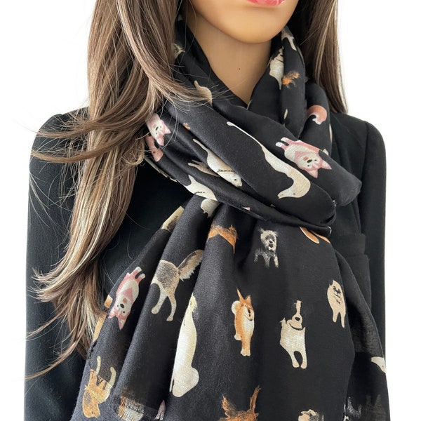 Dog Gift/Black Dog Print Scarf Cotton Scarf/Womens 40th 50th 60th Birthday Present Lightweight Wrap Spring Summer Autumn Christmas Gifts Mum