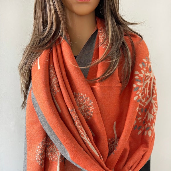 Blanket Scarf Orange Grey LUXURY Cashmere Scarf, Mulberry Tree of Life Print Reversible Winter Shawl Large Oversize Wrap Women Gifts For Her