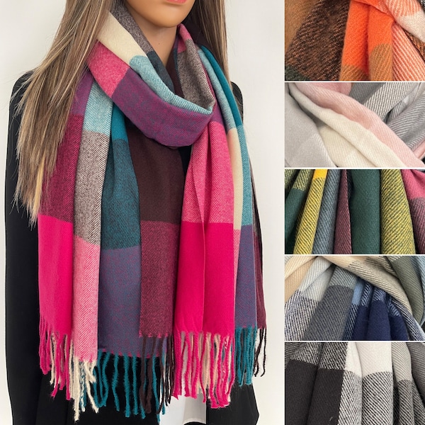 Wool Checked Plaid Tartan Scarves Gift for Women Scarf, Pashmina Shawl, Oversized Blanket Scarf Wrap, Multicolour Rainbow Scarf, Women Shawl