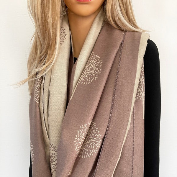 Women Beige Cashmere Scarf with Cotton, Mulberry Tree LUXURY Reversible Wedding Shawl, Large Oversized Scarf Winter Blanket Wrap Ladies Gift