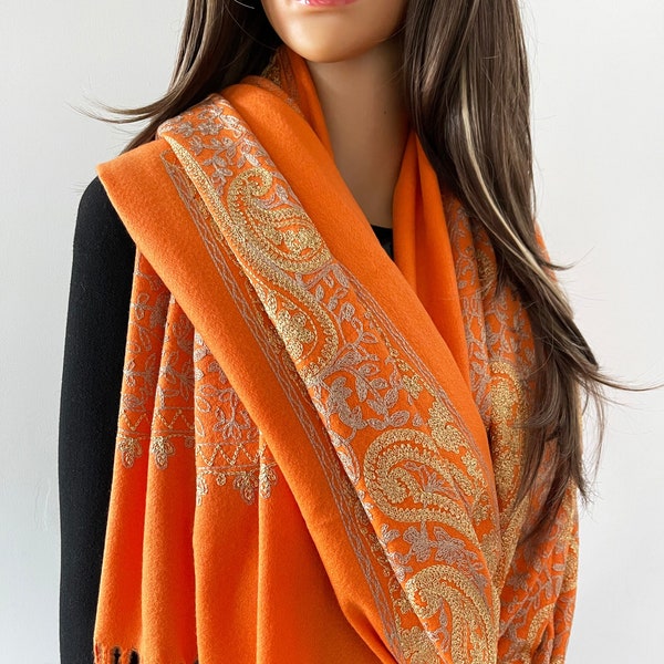 Orange Gold Paisley Floral Scarf, Cotton Cashmere Scarf Women Shawl Wrap, Evening Pashmina Shawl Wedding Scarf Wrap Indian Oversized Blanket