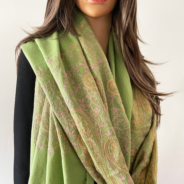 Green Gold Paisley Floral Scarf, Cotton Cashmere Scarf Women Shawl Wrap, Evening Pashmina Shawl Wedding Scarf Wrap, Indian Oversized Blanket