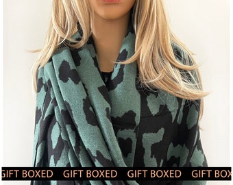 Long Green Leopard Print Scarf | Oversized Blanket Scarf Shawl Wrap Cashmere | Scarf Gift Box | Letterbox Gift for Her Women Mum Mothers Day