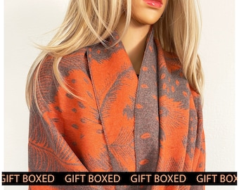Burnt Orange Peacock Feather Scarf | Oversized Blanket Scarf Shawl Wrap Long | Scarf Gift Box | Letterbox Gift for Her Women Mum Mothers Day