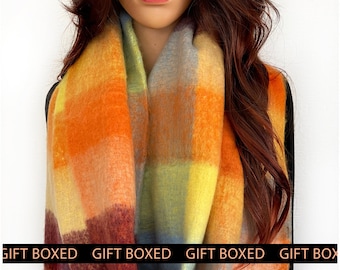 Orange Wool Checked Tartan Oversize Blanket Scarf Shawl Wrap | Chunky Winter Thick Fluffy | Gift Box Letterbox Gift for Her Women Mum Mother