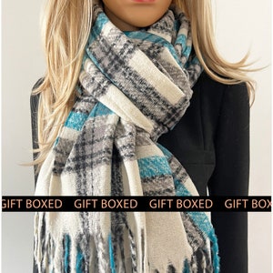 Cream Blue Checked Tartan Plaid Oversized Blanket Scarf Shawl Wrap Winter | Gift Box Letterbox Gift for Her Women Mum Mothers Day Christmas