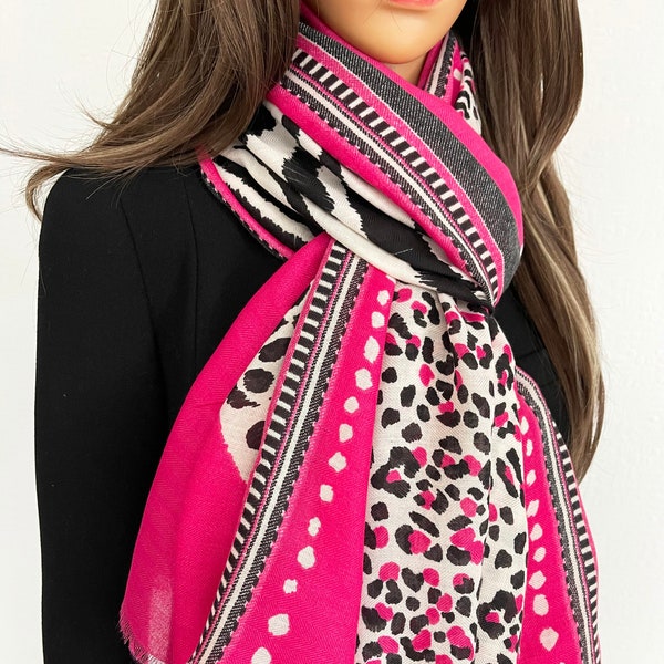 Womens Pink Fuchsia Hot Pink Leopard Print Scarf, Colour Block Multi Colour Scarf Shawl Wrap, Long Large Ladies Scarf Gift for Her, Vintage