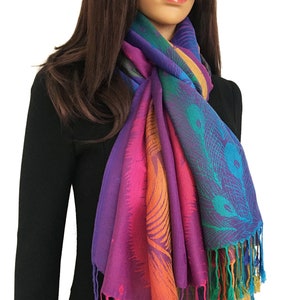 Peacock Feather Scarf Rainbow Multi Colour Bright Colourful Pashmina Shawl Wrap, Floral Wedding Scarves, Lightweight Reversible Ladies Gifts