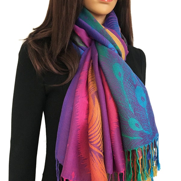 Écharpe en plumes de paon arc-en-ciel multicolore vif, châle pashmina coloré, écharpes de mariage florales, cadeaux légers et réversibles pour dames