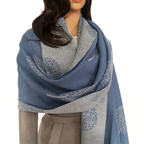 Blue Grey Mulberry Tree LUXURY Cashmere Scarf, Reversible Winter Shawl Large Oversized Scarf Blanket Wrap, Tree of Life Print Gift For Her