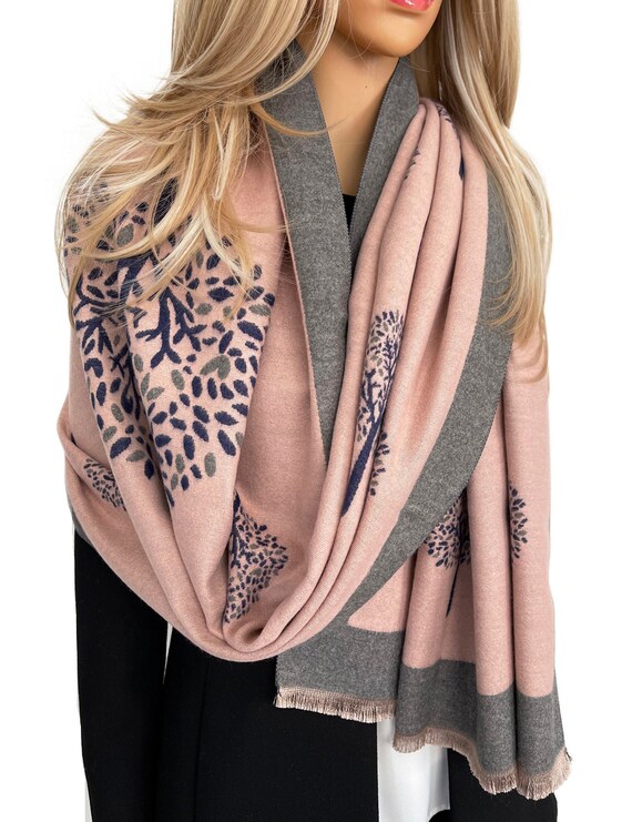 LUXURY Pink Cashmere Scarf Mulberry Tree of Life Print Reversible