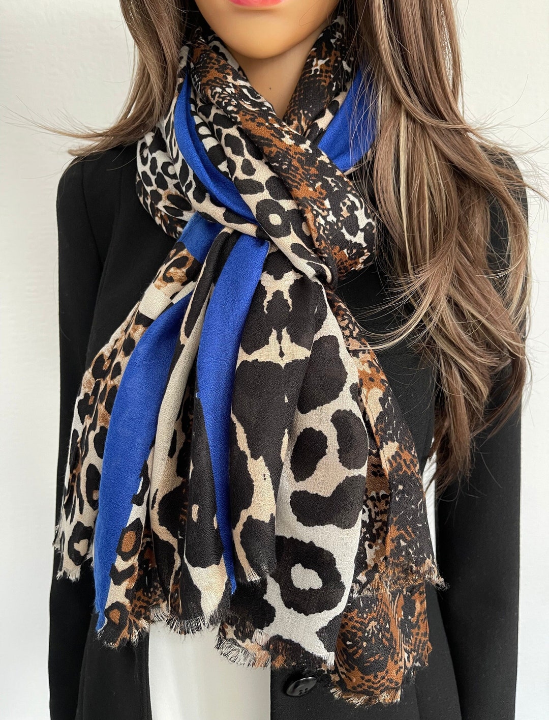 Womens Leopard Print Scarf, Royal Blue Snakeskin Colour Block Multi