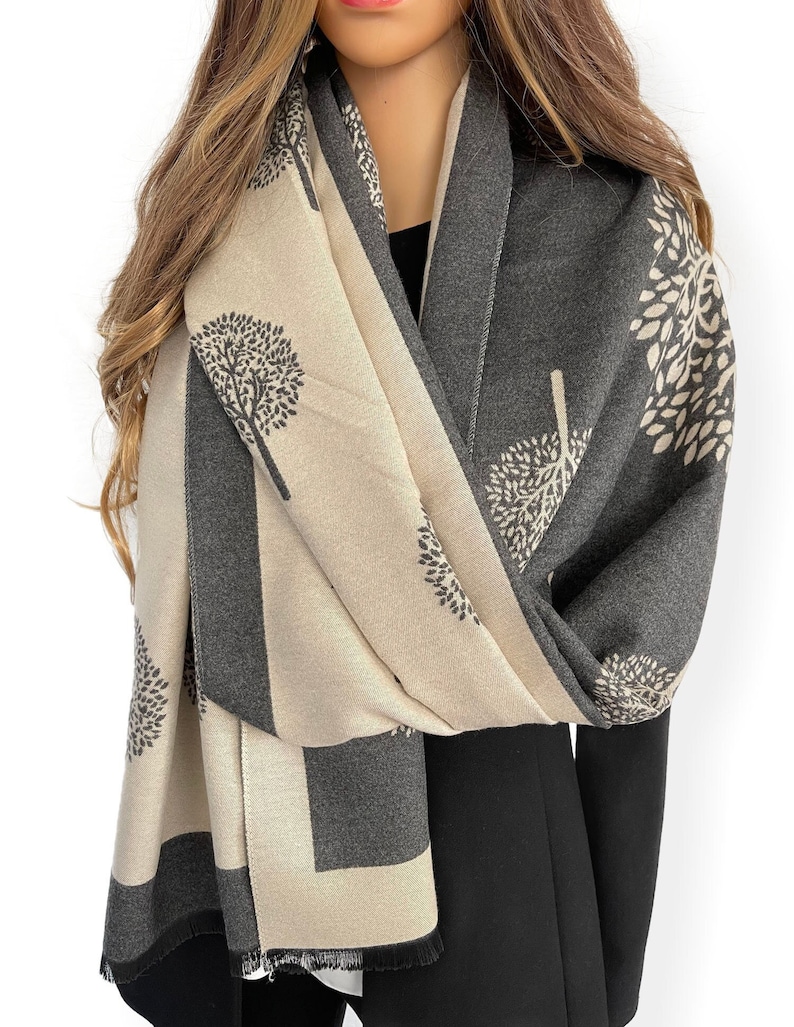 LUXURY Beige Cashmere Scarf, Mulberry Tree of Life Print Reversible Winter Shawl, Large Oversized Scarf Blanket Wrap, Cotton, Gifts For Her