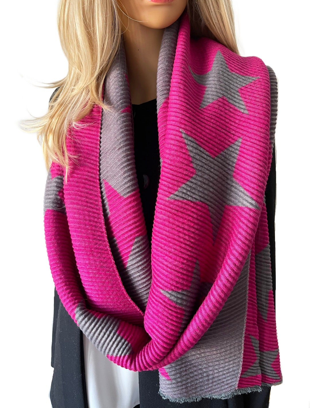 Fuchsia Pink Grey Star Blanket Scarf Women, Ladies Oversized Scarf