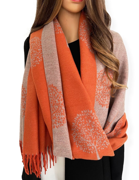 MillieScarves Orange Grey Mulberry Tree Cashmere Scarf Luxury Reversible Winter Shawl Large Oversized Scarf Blanket Wrap, Tree of Life Print Gifts for Her