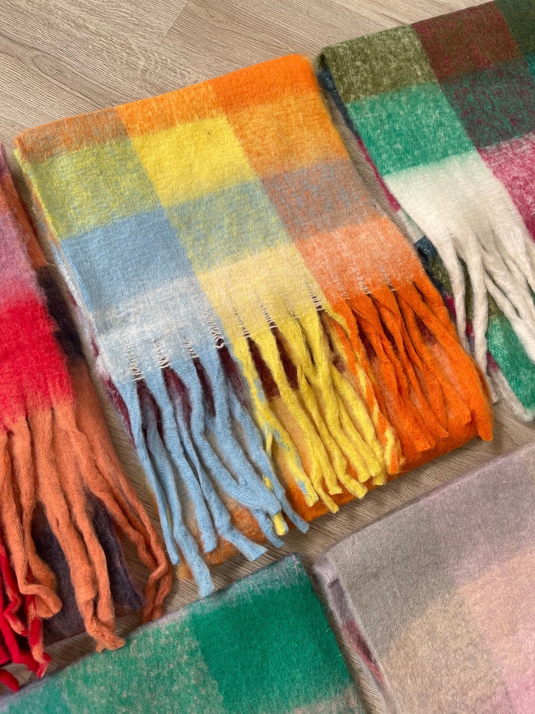 Orange Yellow Thick Winter Blanket Scarf Shawl Wrap, Oversized Checked