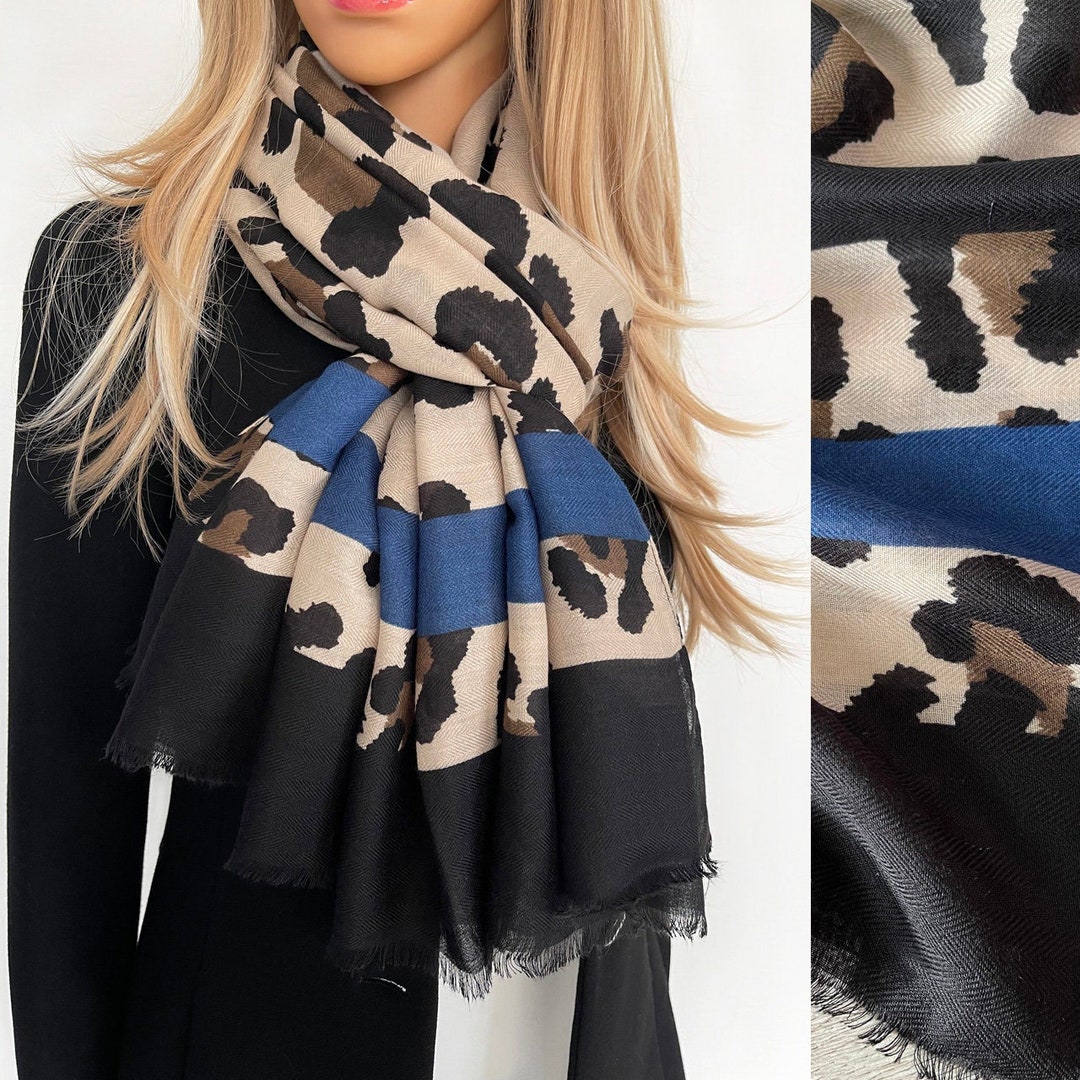 Womens Royal Blue Leopard Print Scarf Colour Block Multi Etsy UK