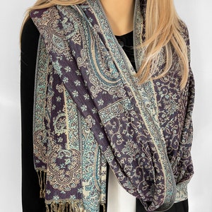 Ladies Purple Teal Paisley Scarf, Womens Shawl Wrap, Evening Pashmina Shawl, Wedding Shawl, Wrap Scarves, Multi Colour Long Large Reversible image 2