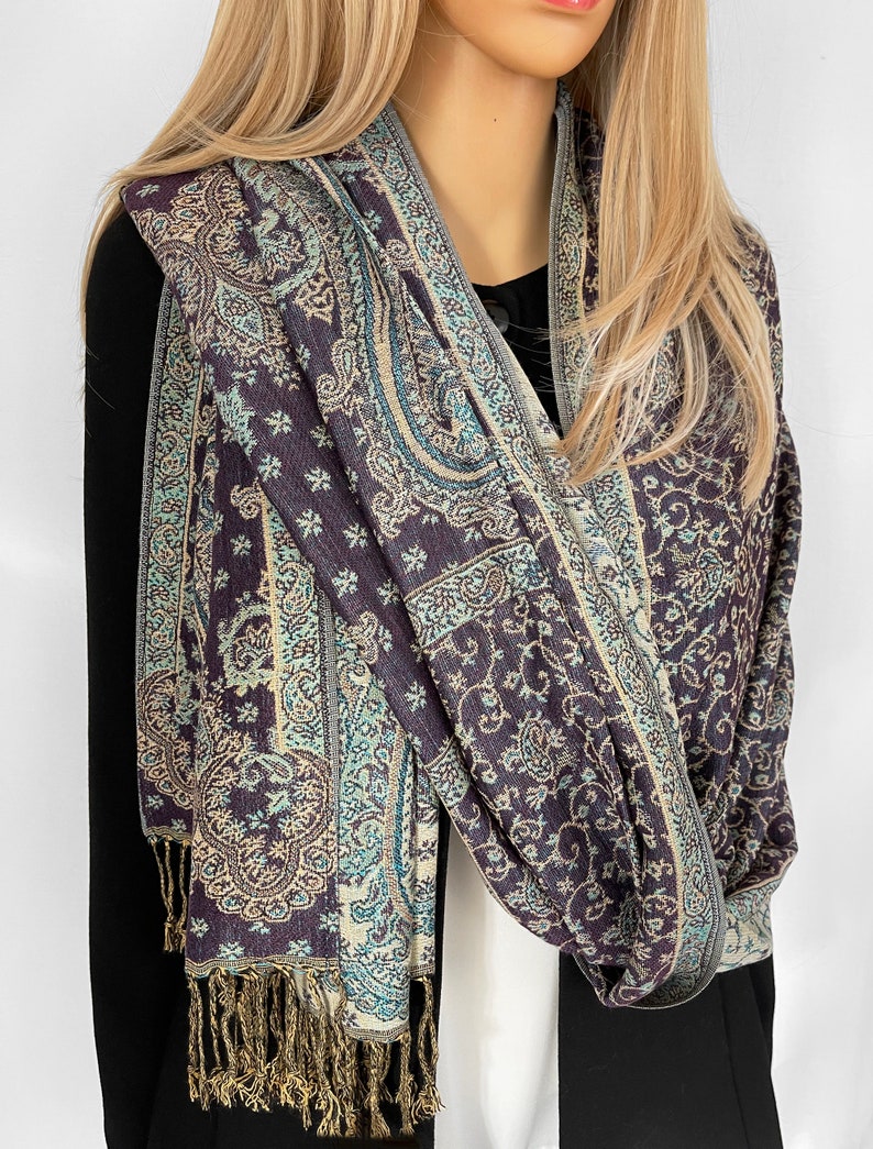 Ladies Purple Teal Paisley Scarf, Womens Shawl Wrap, Evening Pashmina Shawl, Wedding Shawl, Wrap Scarves, Multi Colour Long Large Reversible image 2