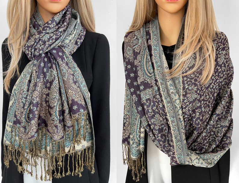 Ladies Purple Teal Paisley Scarf, Womens Shawl Wrap, Evening Pashmina Shawl, Wedding Shawl, Wrap Scarves, Multi Colour Long Large Reversible image 1