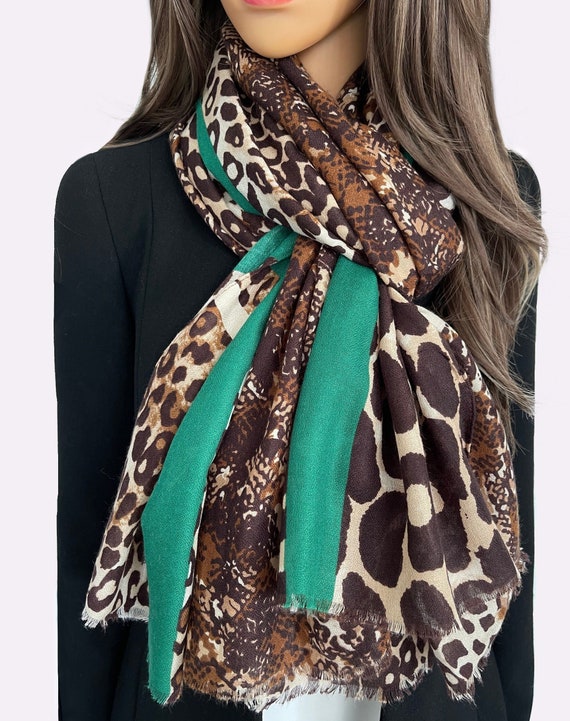 Womens Bright Green Leopard Print Scarf, Snakeskin Colour Block