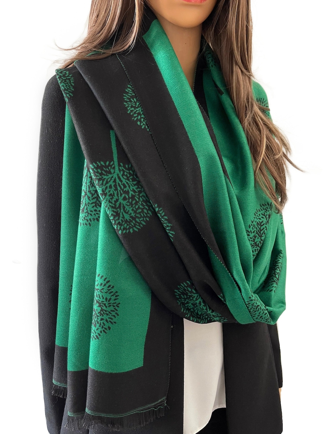 Women Green Cashmere Scarf With Cotton, Mulberry Tree LUXURY Reversible