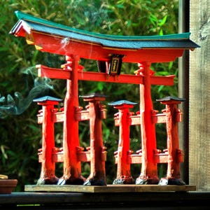 Floating torii gate, japan red shrine, shintoism, japanese folk, hokusai, mount fuji