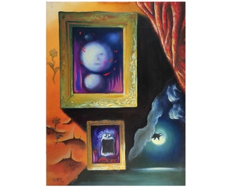 The guest of the unusual hour, original oil painting on canvas, grotesque, ghostly, surreal
