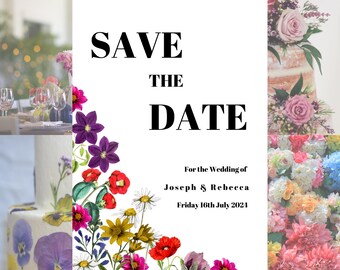 May include: A white wedding invitation with the text "SAVE THE DATE" in bold black letters. The invitation is decorated with colorful floral illustrations and the names Joseph & Rebeeca, with the date Friday 16th July 2024.