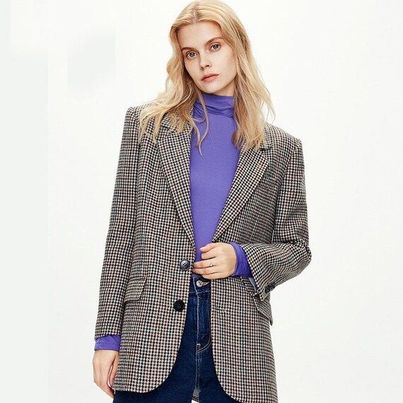 Boxy Padded Shoulder Houndstooth Blazer 