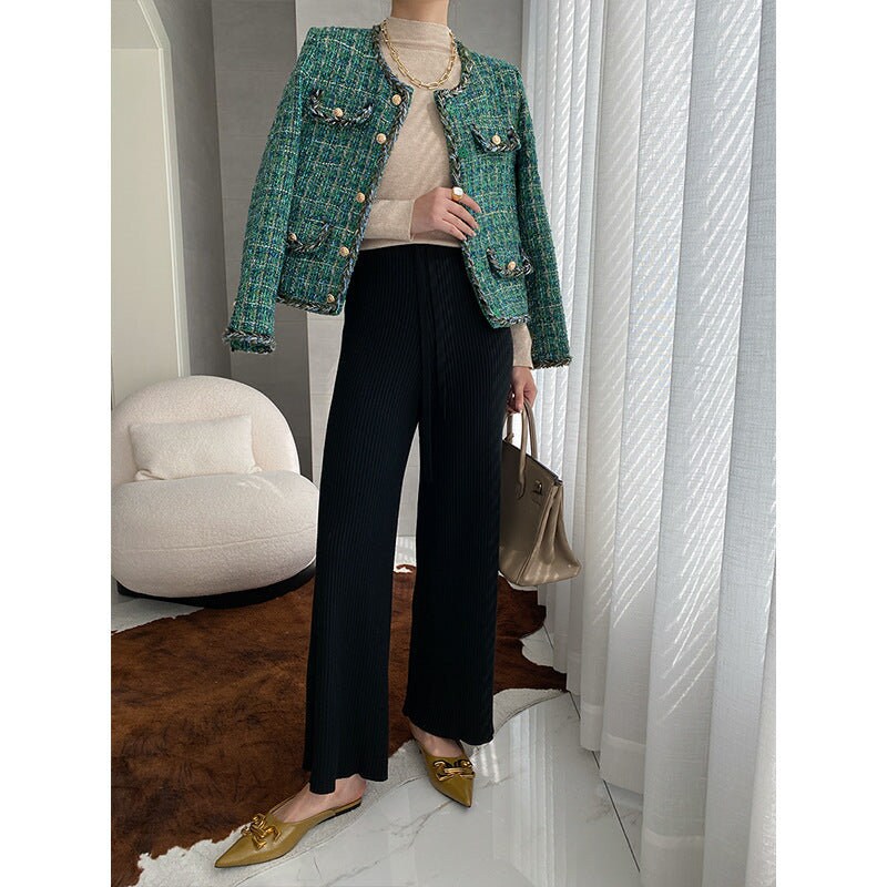 Chic Textured Tweed Coat with Green Trim