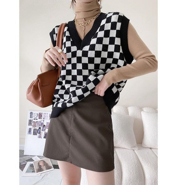 Checkerboard V-neck Knit Vest Top Cardigan | Etsy
