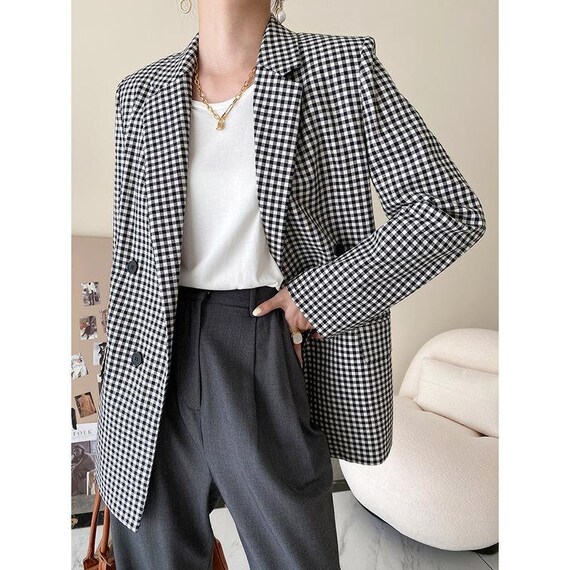 Boxy Padded Shoulder Houndstooth Blazer 