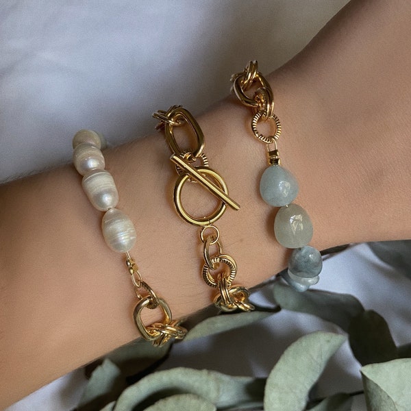 Chunky gold chain bracelets, aquamarine stone, statement bracelet, gold hand chain, fresh water pearl gifts, 18K Gold Plated, wedding gift