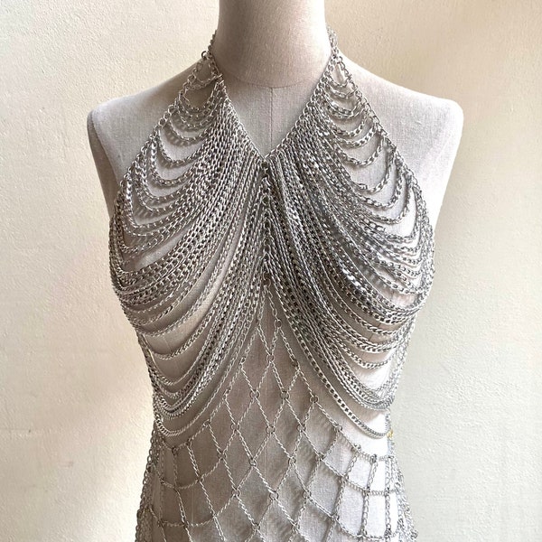 Handmade silver chain dress, silver body chains, body jewelry, Dress Body Chain, bikini cover up, festival costume, party dress, chainmail