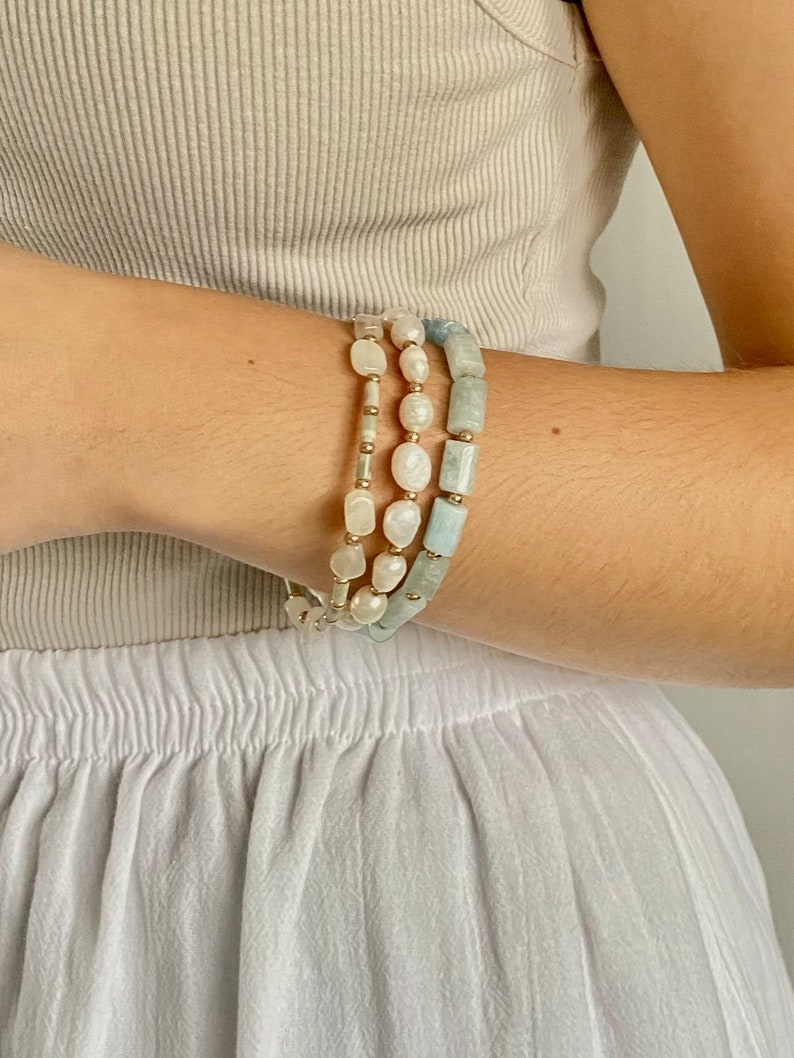 Aquamarine beaded bracelet Crystal Jewelry Bracelet, pearl and gemstone bracelet, gold bracelet, dainty bracelet, Natural Stone Bracelet image 5