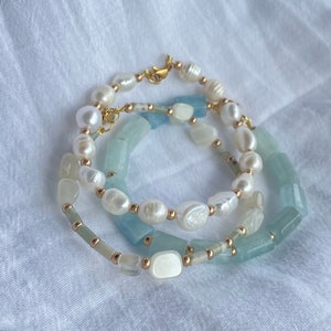 Aquamarine beaded bracelet Crystal Jewelry Bracelet, pearl and gemstone bracelet, gold bracelet, dainty bracelet, Natural Stone Bracelet image 3