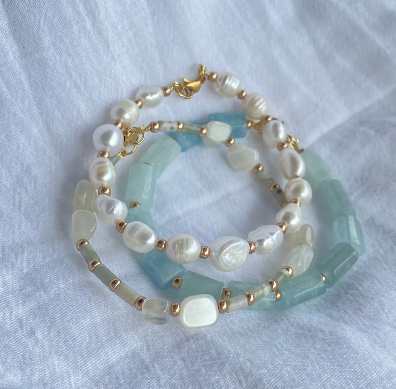 Aquamarine beaded bracelet Crystal Jewelry Bracelet, pearl and gemstone bracelet, gold bracelet, dainty bracelet, Natural Stone Bracelet image 3