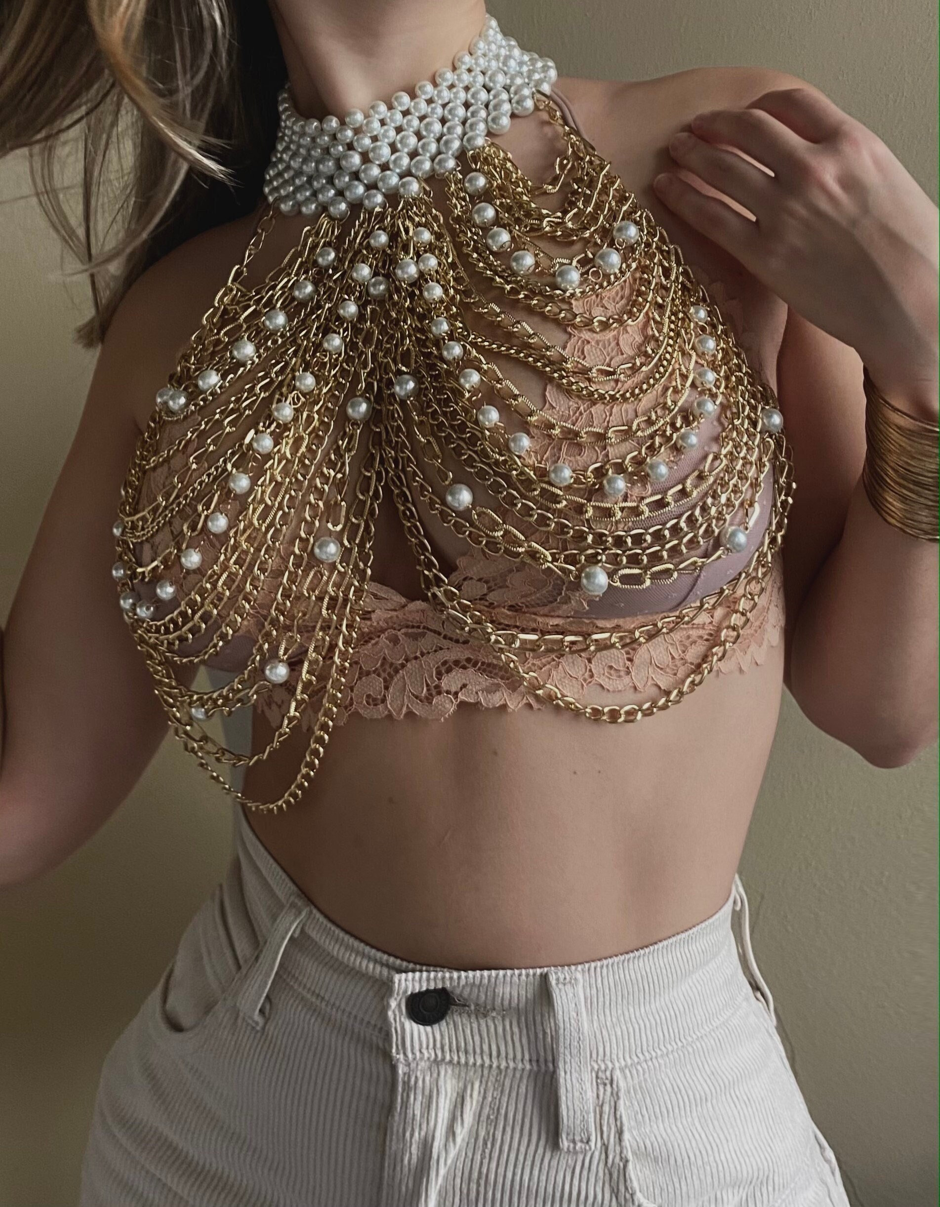 Gold Chain Dress, Gold Body Chains, Body Jewelry, Pearl Body Chain