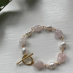 Rose Quartz & Freshwater Pearl Bracelet Gold Plated Toggle Clasp multicolor beaded bracelet, Gift for Her, Wedding jewelry, mixed gemstone image 5