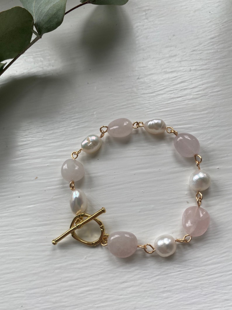 Rose Quartz & Freshwater Pearl Bracelet Gold Plated Toggle Clasp multicolor beaded bracelet, Gift for Her, Wedding jewelry, mixed gemstone image 5